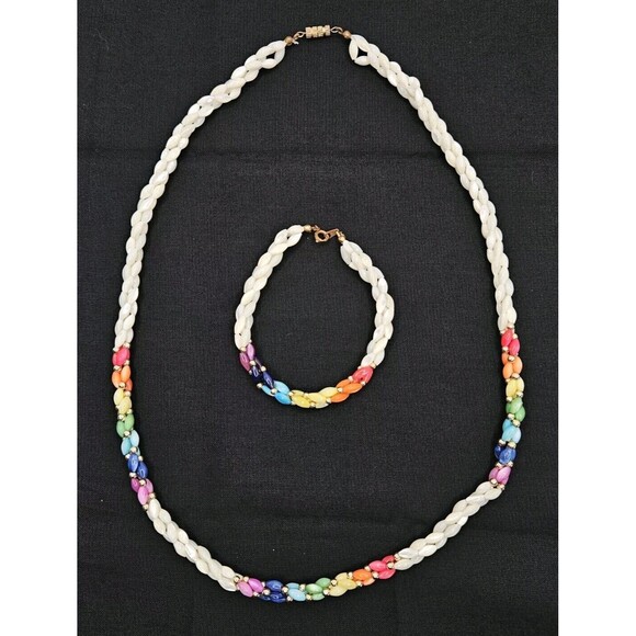 Vintage Necklace & Bracelet Rainbow Mother of Pearl Rice Beads Jewelry Set